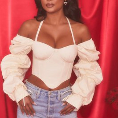 My Everything Long Puff Sleeve Corset Crop Top in Oyster White
