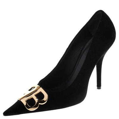 Balenciaga Black Velvet BB Pointed Toe Pumps
