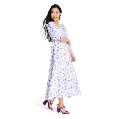 Women's Gemma Puff Sleeve Dress-(Regular & Plus) White/Blue