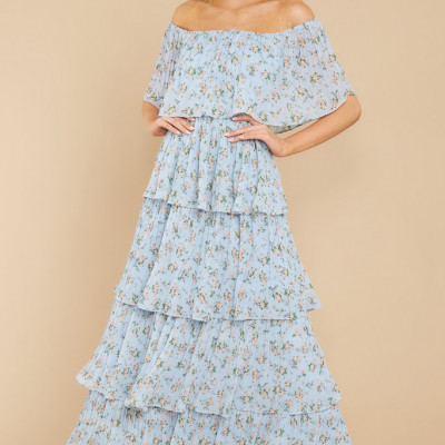 As It Happens Dusty Blue Floral Print Maxi Dress