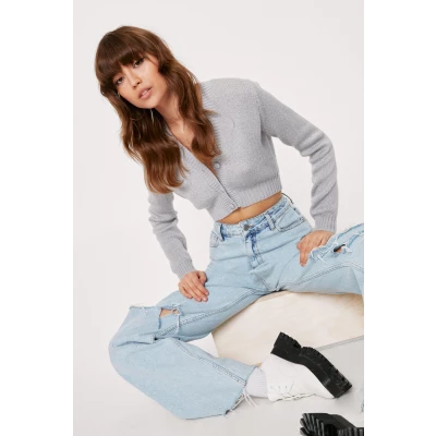 Womens Knit the Floor V-Neck Cropped Cardigan - Grey - S, Grey