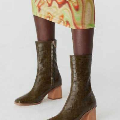 Emilia Croc Leather Boot | Khaki