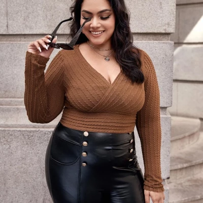 Plus Surplice Neck Textured Tee