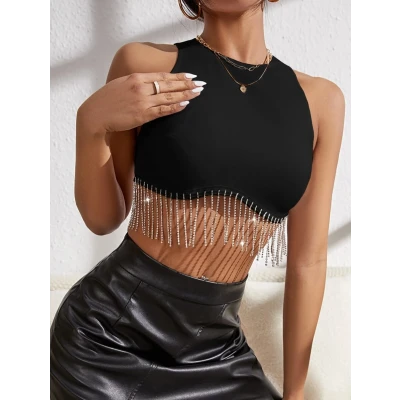 Rhinestone Fringe Zip Back Tank Top