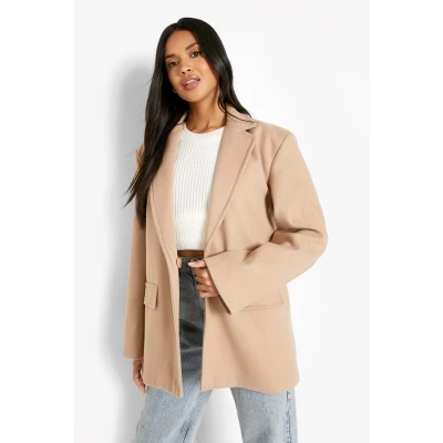 Womens Oversized Wool Look Blazer - Beige - 4