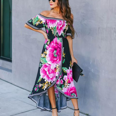 Aster Smocked Off The Shoulder High Low Maxi Dress