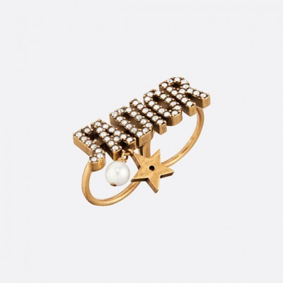 White Resin Pearl And Crystal JÃ¢â‚¬â„¢adior Antique Gold-Finish Two-Finger Ring
