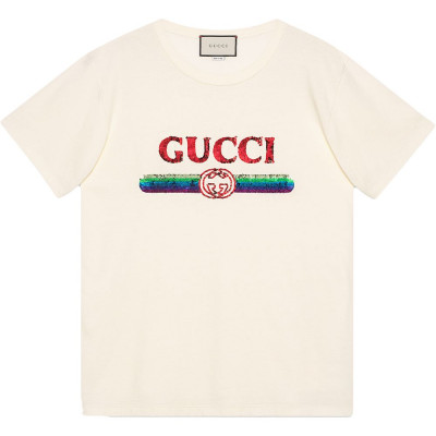 Gucci Oversize T-shirt with sequin Gucci logo - White