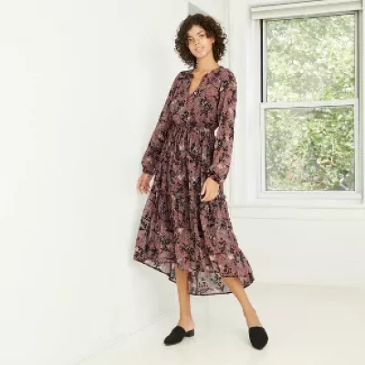 Women's Printed Bishop Long Sleeve Velvet Flocked Dress