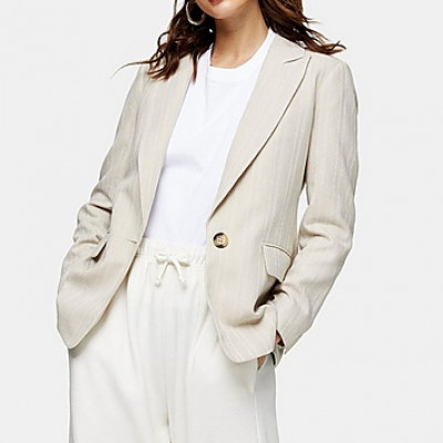 Oat Single Breasted Blazer With Linen - Oatmeal