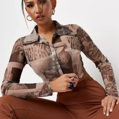 Petite Brown Abstract Print Mesh Crop Top