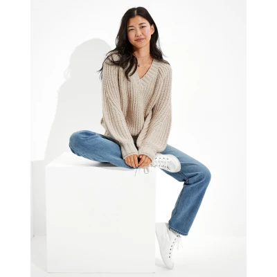 Pointelle V-Neck Oversized Sweter
