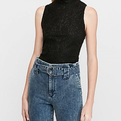 Lace Mock Neck Tank Black Womens XXS