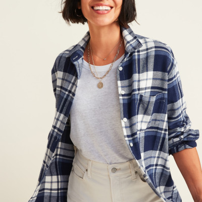Oversized Plaid Flannel Boyfriend Tunic Shirt for Women