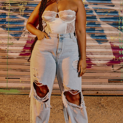 Plus Light Blue Wash Open Knee Distressed Turn Up Boyfriend Jeans