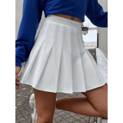 High Waist Solid Pleated Skirt
