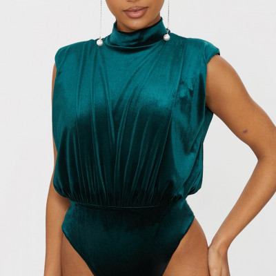 Emerald Green Velvet High Neck Shoulder Pad Draped Bodysuit