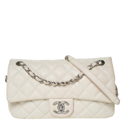 Chanel White Caviar Leather Easy Medium Flap Shoulder Bag