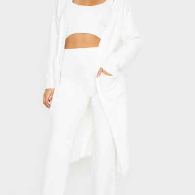Cream Chenille Longline Belted Pocket Detail Cardigan