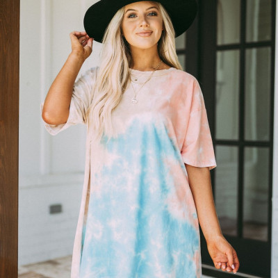 Relaxed Tie Dye T-Shirt Dress- Coral/Blue