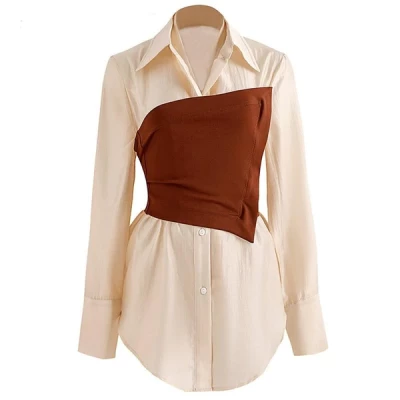 Solid Color Shirt For Women Lapel Collar Long Sleeves Slim Fit