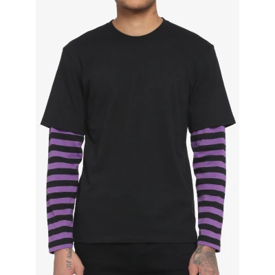 Black & Purple Stripe Sleeve Twofer Long-Sleeve T-Shirt