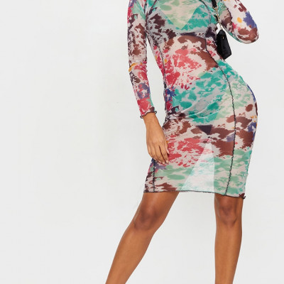 Multi Tie Dye Mesh Stitch Detail High Neck Long Sleeve Midi Dress