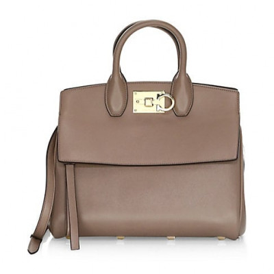 Salvatore Ferragamo Womens Small Studio Leather Top Handle Bag - Fango