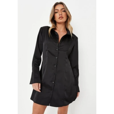 Black Satin Deep Cuff Shirt Dress