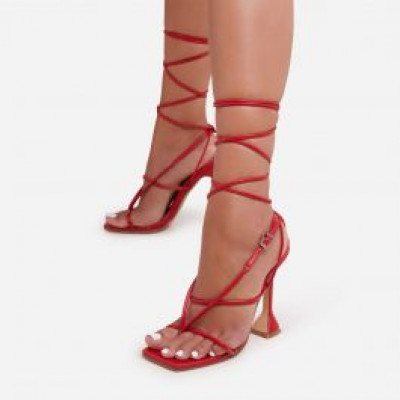 My-Angels Lace Up Square Toe Sculptured Heel In Red Faux Leather