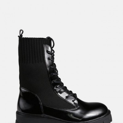Black Knit Panel Lace Up Chunky Ankle Boots
