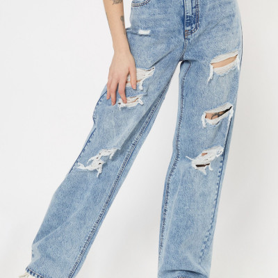 Medium Acid Wash Ripped Wide Leg Jeans
