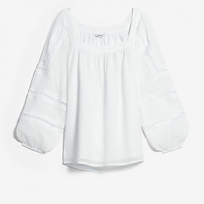 Square Neck Embroidered Sleeve Top Womens White