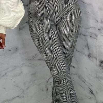 Grey Checker Plaid Print Belted Slim Leg Trousers - Lucy