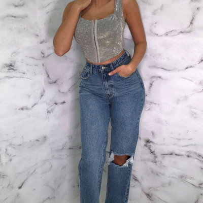 Silver Glitter Sparkly Strappy Crop Top - Susie