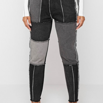 Distressed Patchwork Straight Leg Jeans