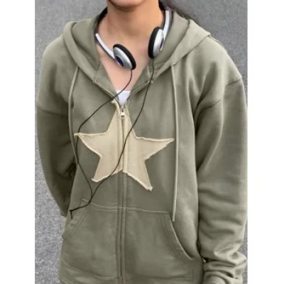 Vintage Star Patch Baggy Zip Up Hoodie