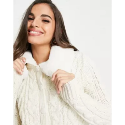 Miss Selfridge ivory faux fur faux covered button cable cardigan | ASOS
