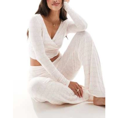 Kaiia wide leg pyjama bottoms co-ord in cream and pink bow print