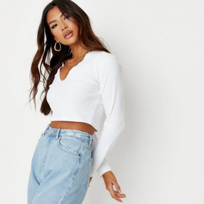 White Ribbed Notch Neck Crop Top