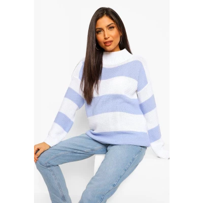 Womens Maternity High Neck Striped Sweater - Blue -