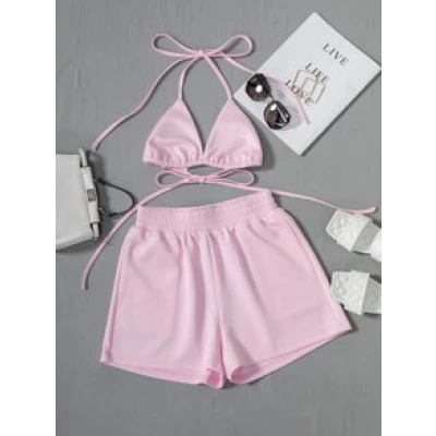 Tie Backless Crop Halter Top With Shorts