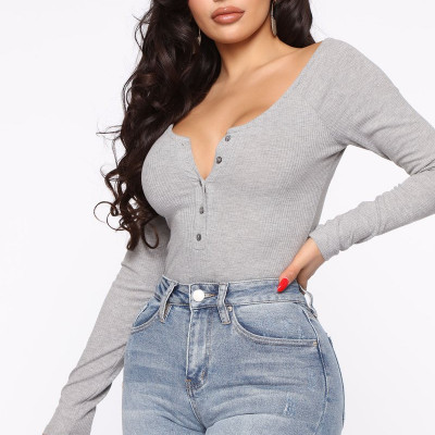 Hazel Ribbed Henley Bodysuit - Heather Grey