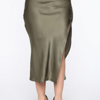Celebrate Success Satin Midi Skirt - Olive
