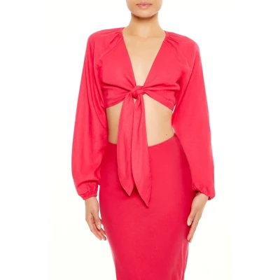 Linen-Blend Tie-Front Crop Top
