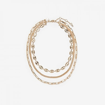 Three Row Layered Chain Necklace Womens Gold