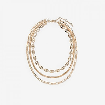 Three Row Layered Chain Necklace Womens Gold