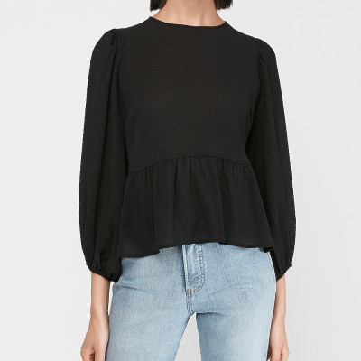 Textured Chiffon Balloon Sleeve Peplum Top