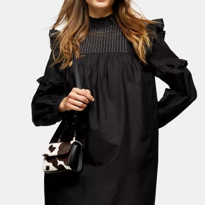 Black Pintuck Chuck On Frill Mini Dress