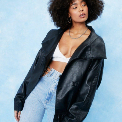 Womens The Party Aint Oversized Faux Leather Jacket - Black - 4, Black